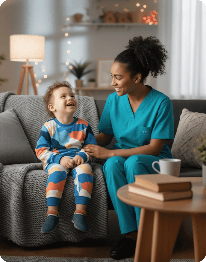Medical professional in teal scrubs with smiling child in cozy living room setting