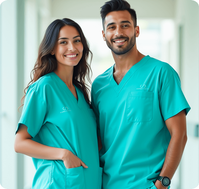 Two young caregivers smile in a bright hallway.
