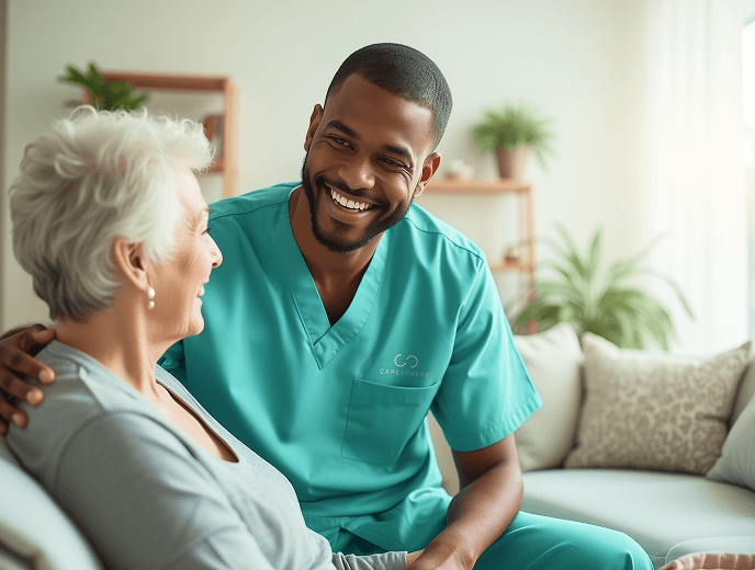 A young male caregiver embraces an elderly woman.