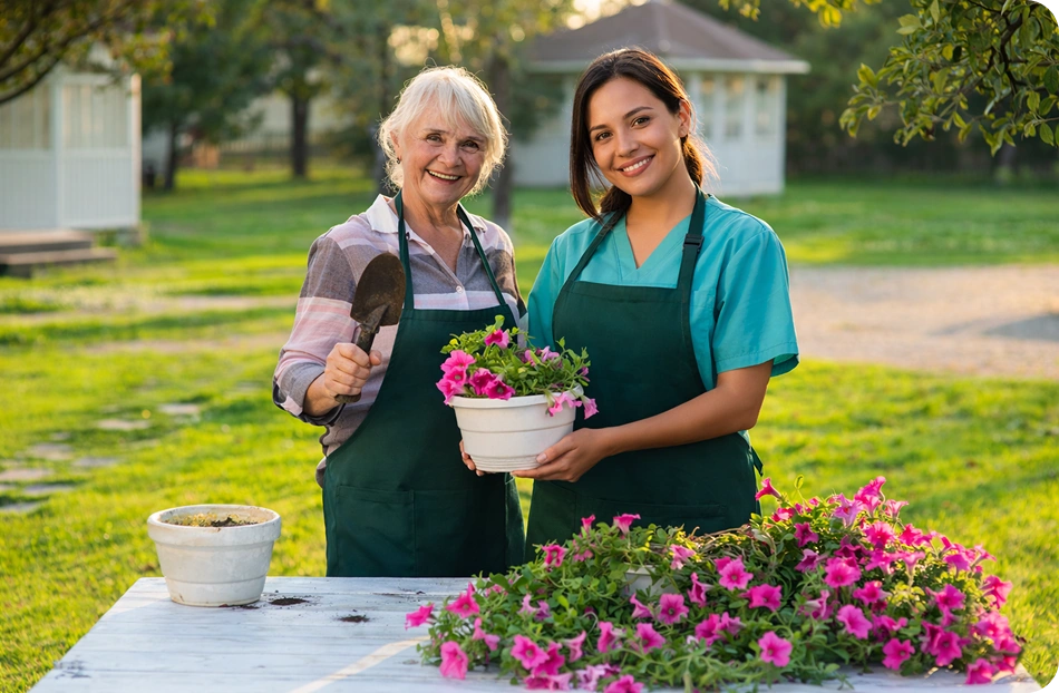 Two women in aprons smile while holding a pot of vibrant pink flowers in a sunny garden. A table with flowers and gardening tools is in the foreground.