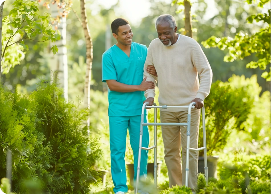 A caregiver in blue scrubs supports an elderly man using a walker in a lush garden, conveying warmth and companionship on a sunny day.