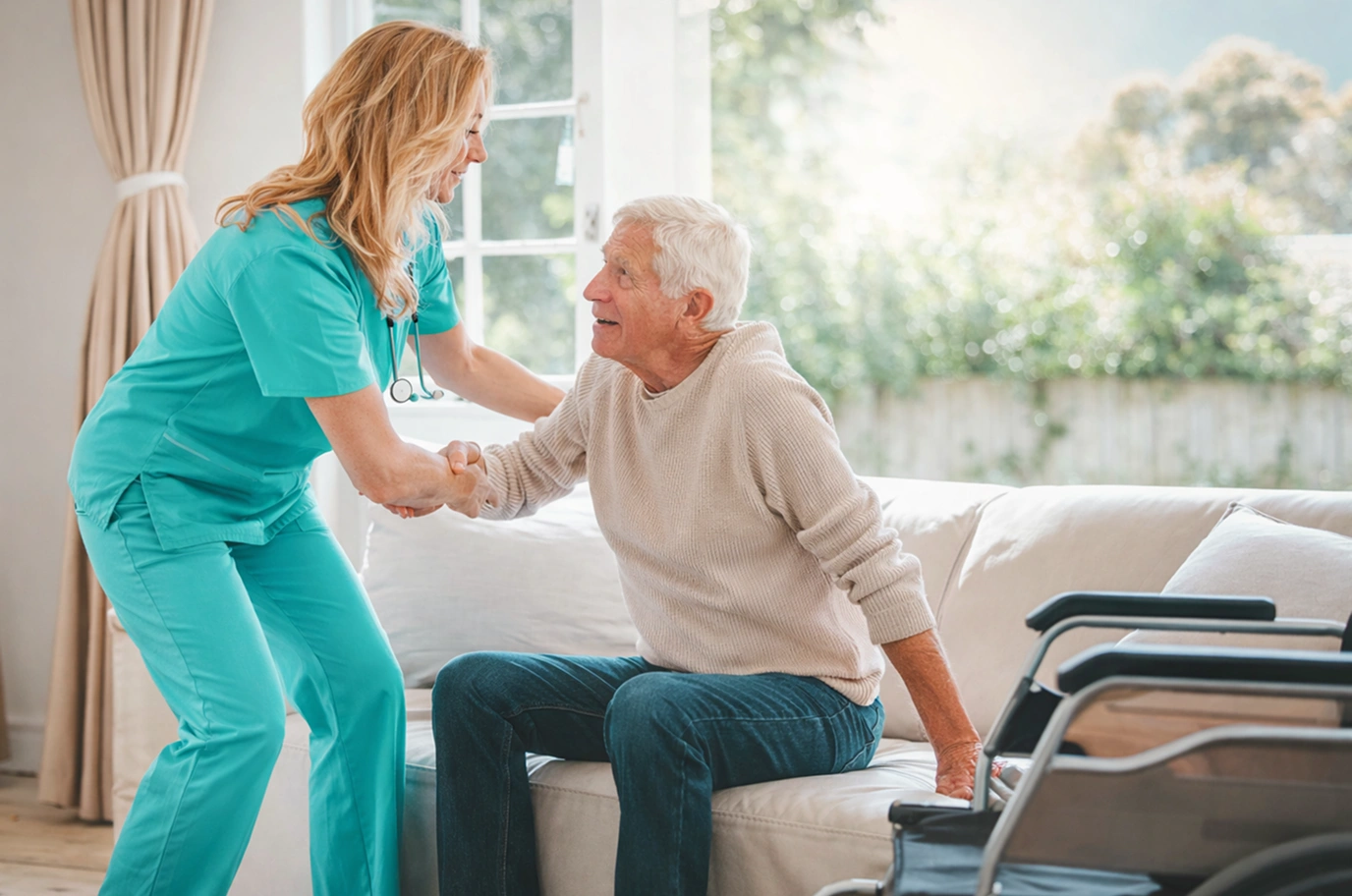 A nurse in teal scrubs assists an elderly man from a cream sofa, smiling warmly at each other. A wheelchair is nearby, and sunlight streams through a window.