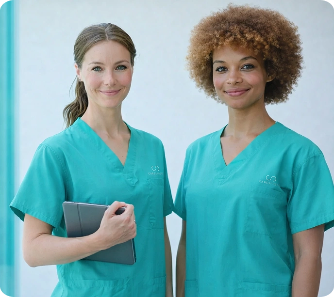 Two smiling healthcare professionals in teal scrubs pose together. One holds a tablet. The setting is bright, conveying a sense of professionalism and warmth.