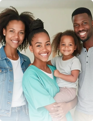 Smiling caregiver standing with a happy family including parents and a young child