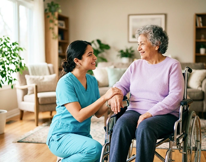 Caregiver holding hands with an elderly woman in a wheelchair at home.