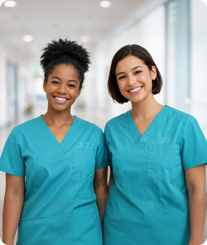 Two smiling caregivers standing together in a bright hallway.