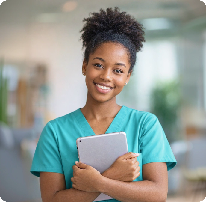 Smiling caregiver girl with tablet