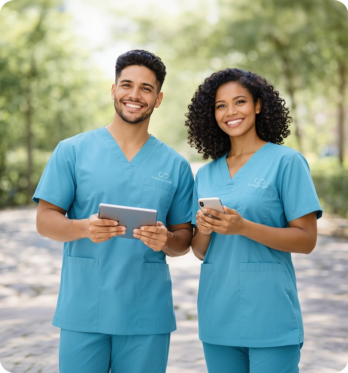 Two smiling caregivers holding a tablet and smartphone outdoors.