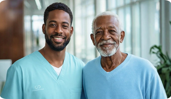 Smiling caregiver standing beside an elderly man in a healthcare facility
