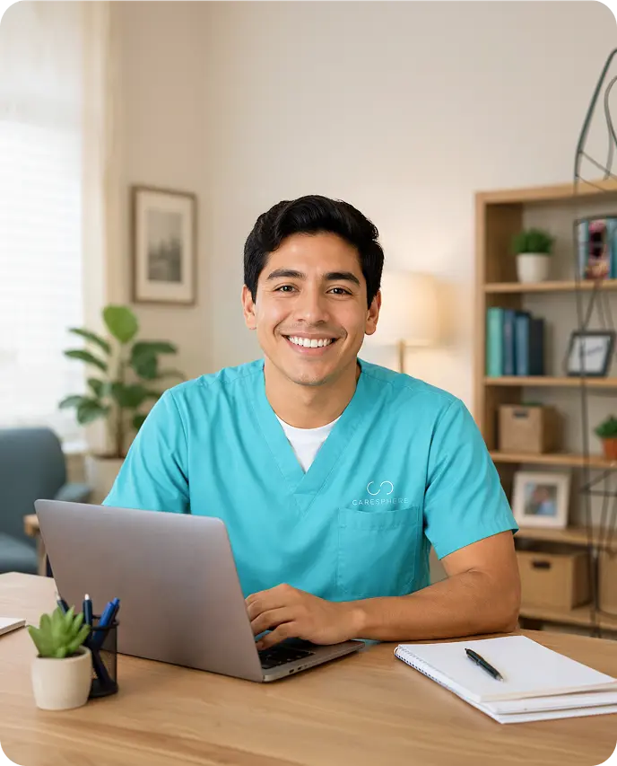 Smiling caregiver in teal scrubs sitting at a desk with a laptop and notebook
