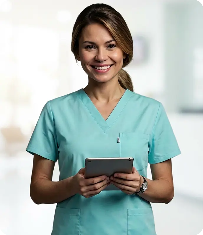Smiling female caregiver in teal scrubs holding a tablet in a medical facility