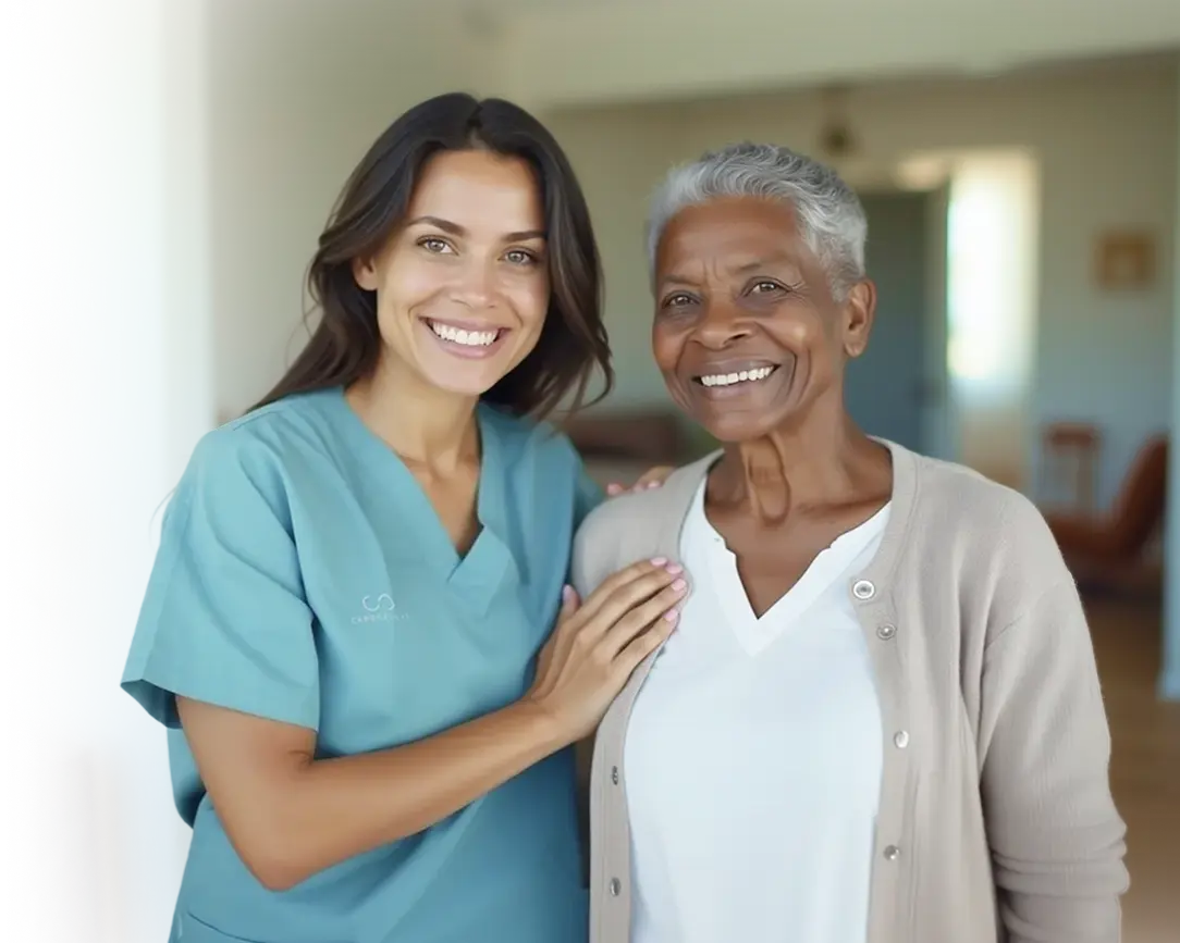 Smiling caregiver in teal scrubs standing beside a happy elderly woman indoors