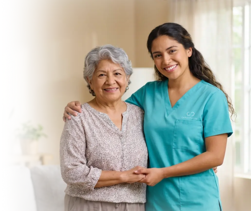 Caregiver in teal scrubs with her arm around a smiling elderly woman indoors