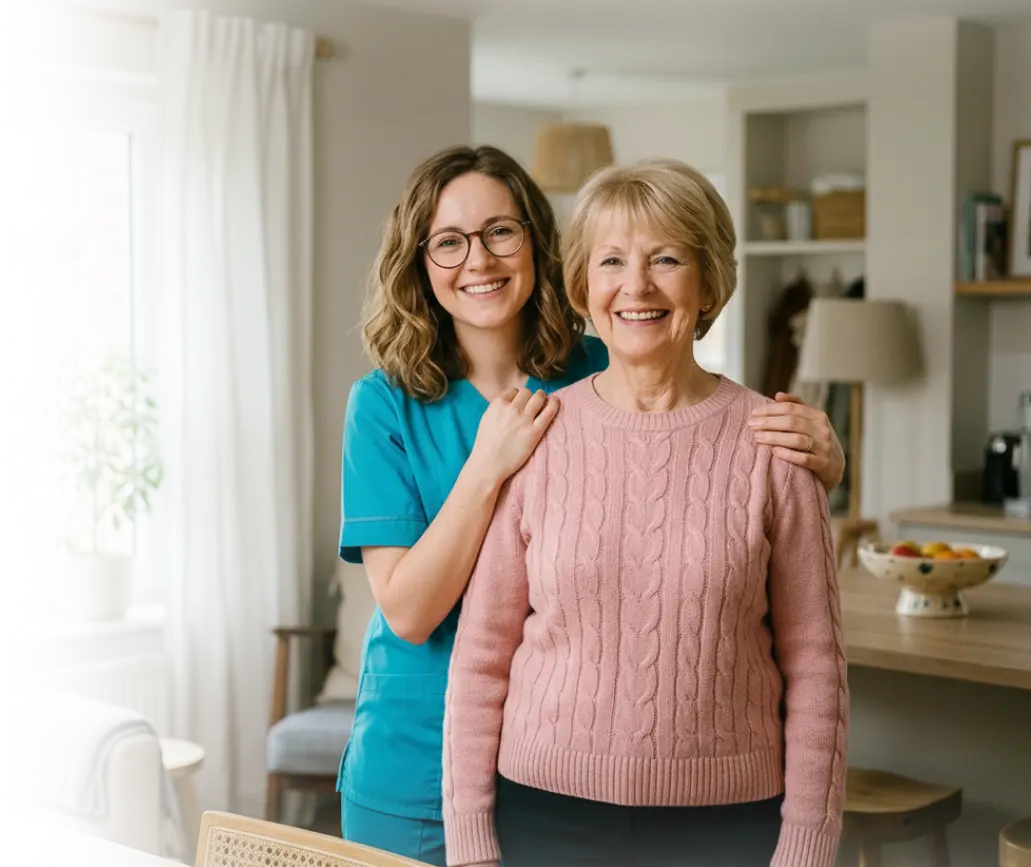 Smiling caregiver with glasses in teal scrubs with her hands on the shoulders of a happy elderly woman in a home setting