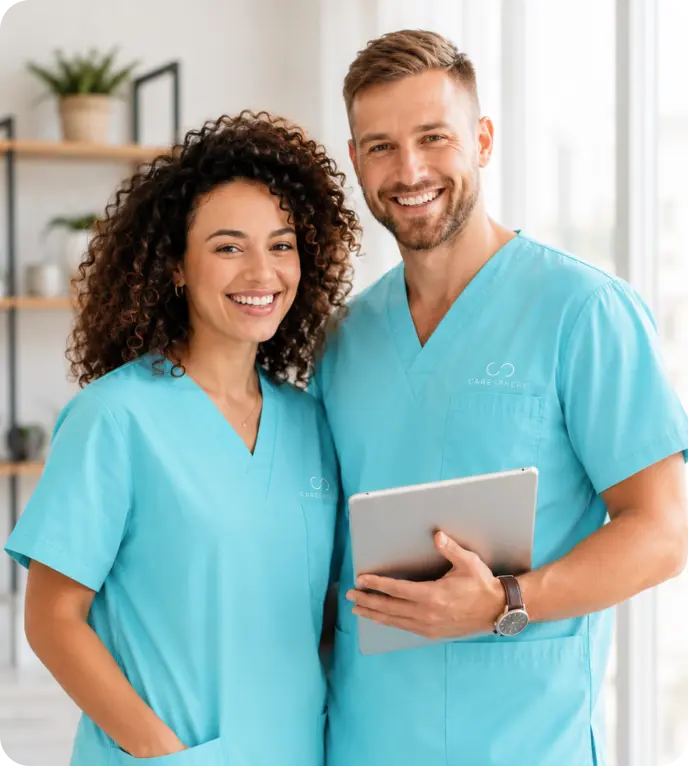 Two smiling healthcare professionals in teal scrubs posing together, one holding a tablet