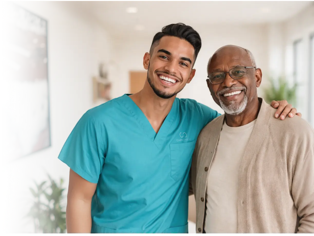 Smiling male caregiver in teal scrubs standing arm in arm with a senior man indoors