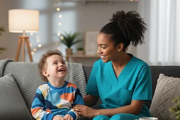 Smiling caregiver in teal scrubs sitting on a sofa with a laughing young child at home