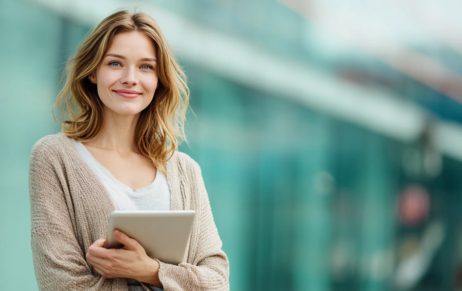 Smiling young woman holding a tablet outdoors against a blurred teal glass building background