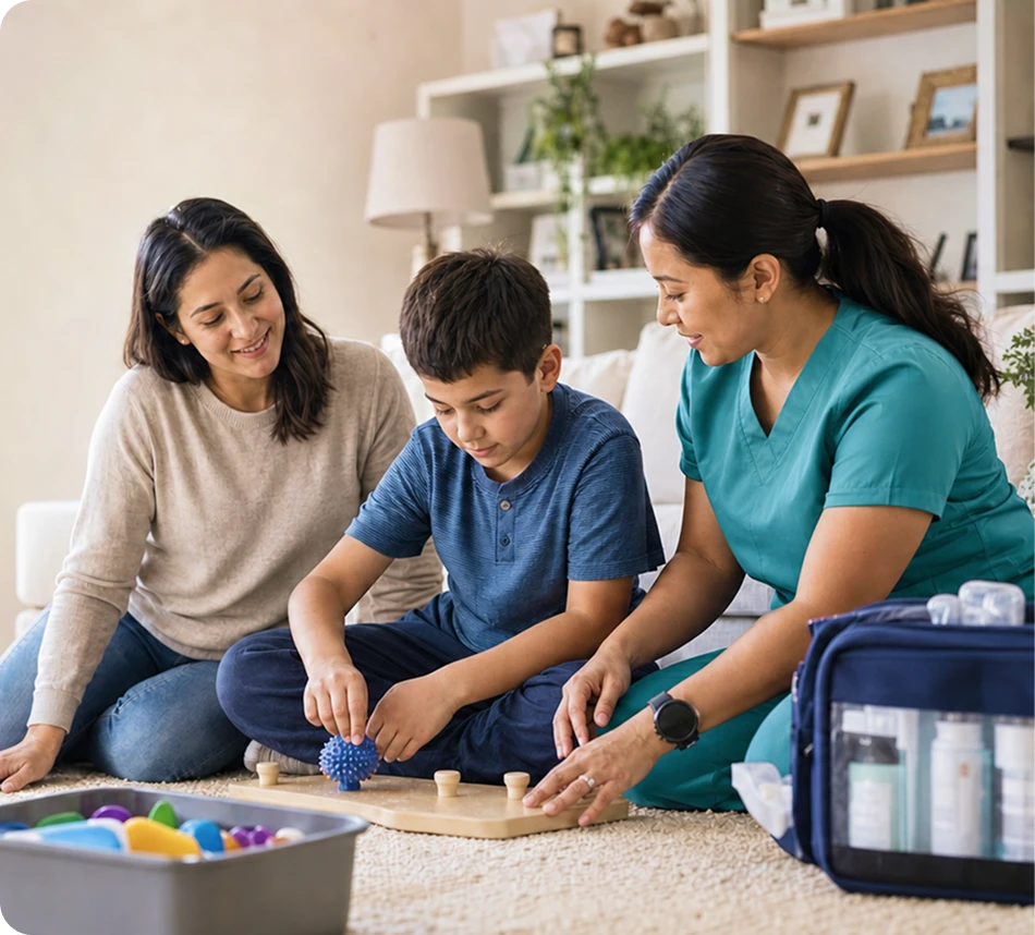 Female nurse in teal scrubs guiding a young boy with a sensory peg board while his mother watches on the living-room floor.