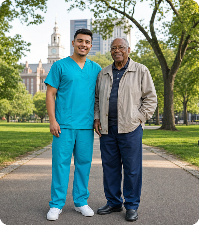 Smiling caregiver in teal scrubs with his arm around a cheerful elderly man indoors
