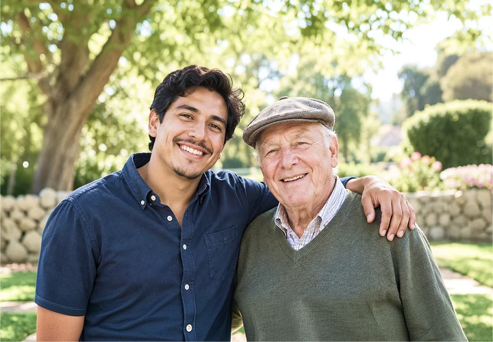 Caregiver providing companionship and support to a senior man outdoors