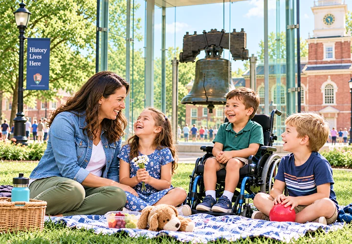 Caregiver enjoying an outdoor picnic with children, including a child in a wheelchair
