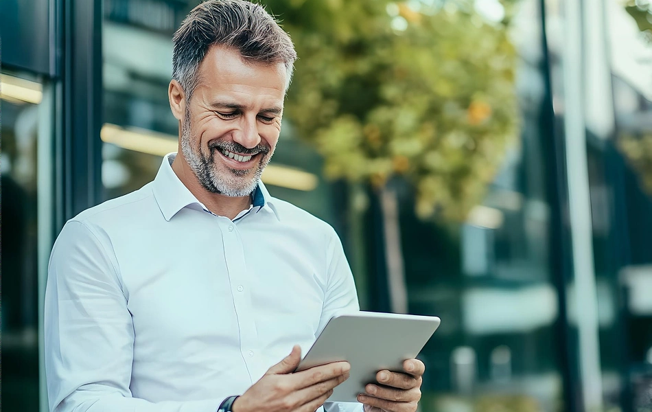 Businessman in light blue shirt holding tablet and reviewing business data outdoors near modern office building