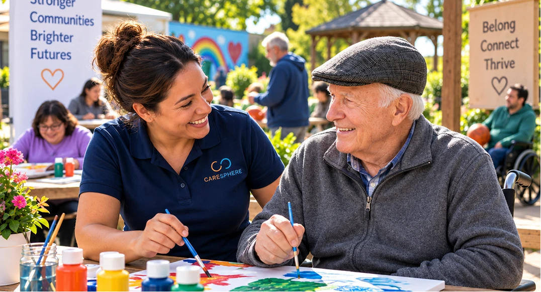 CareEphere caregiver and senior man painting together at outdoor community garden event with other participants in background