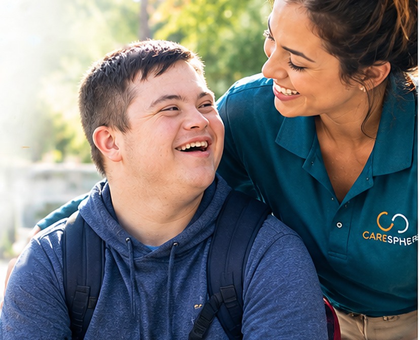 Young man with Down syndrome smiling with his CareSphere caregiver