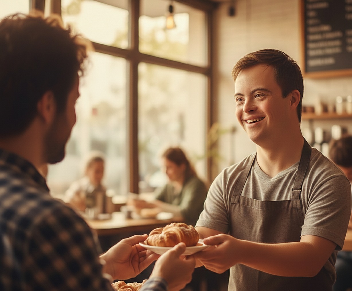 Young man with Down syndrome smiling at a neighborhood café during community participation support