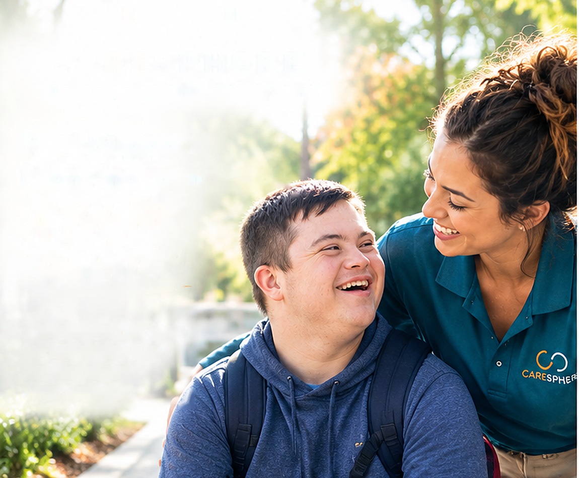 CareSphere caregiver smiling with a young man with Down syndrome during a community outing