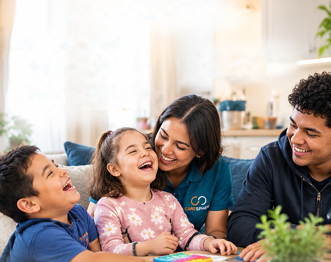 CareSphere caregiver laughing with children and a teen during in-home support in Pennsylvania