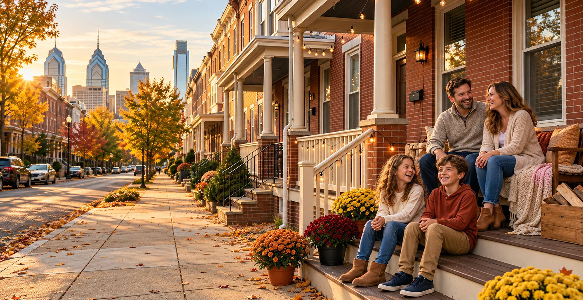 Happy family of four sitting on brick home porch with flowering planters on autumn tree-lined street with city skyline in background