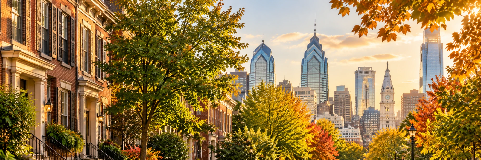 Historic brick row houses lining tree-lined street with modern city skyline and tall buildings in autumn