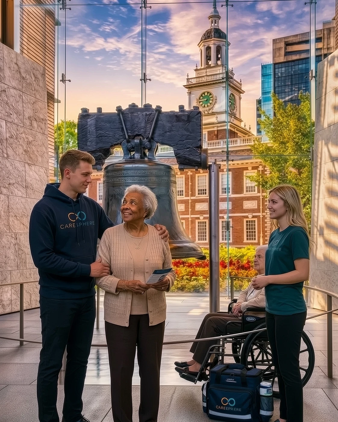 CareEphere home care team assisting senior woman outdoors with historic bell landmark and brick building in background